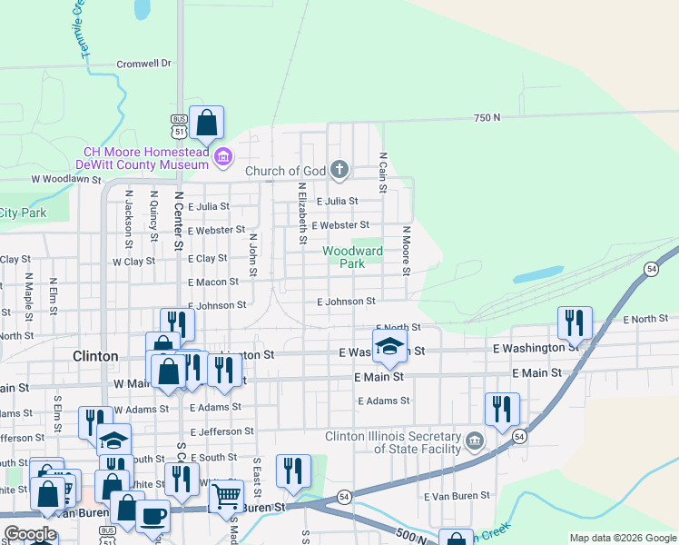 map of restaurants, bars, coffee shops, grocery stores, and more near 713 East Macon Street in Clinton