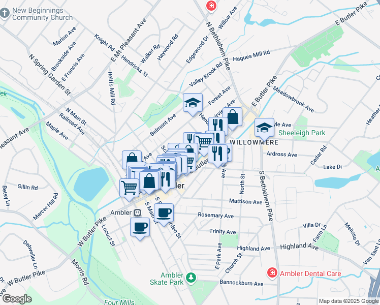 map of restaurants, bars, coffee shops, grocery stores, and more near 201 Race Street in Ambler