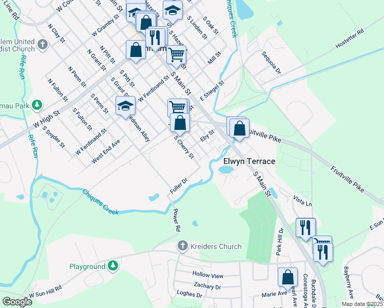 map of restaurants, bars, coffee shops, grocery stores, and more near 311 South Cherry Street in Manheim