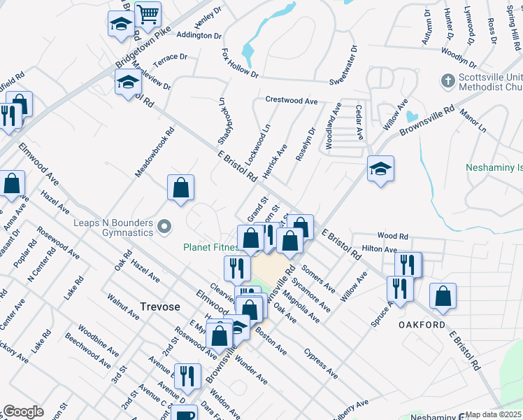 map of restaurants, bars, coffee shops, grocery stores, and more near 1933 Grand Street in Feasterville-Trevose
