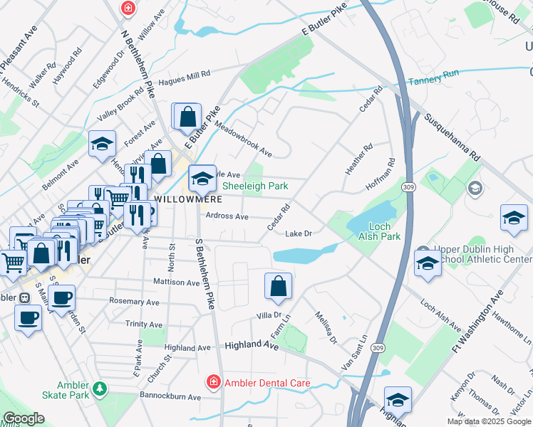 map of restaurants, bars, coffee shops, grocery stores, and more near 614 Ardross Avenue in Ambler