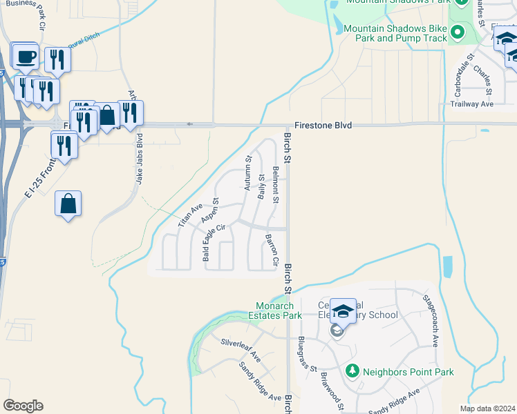 map of restaurants, bars, coffee shops, grocery stores, and more near 10726 Baily Street in Longmont