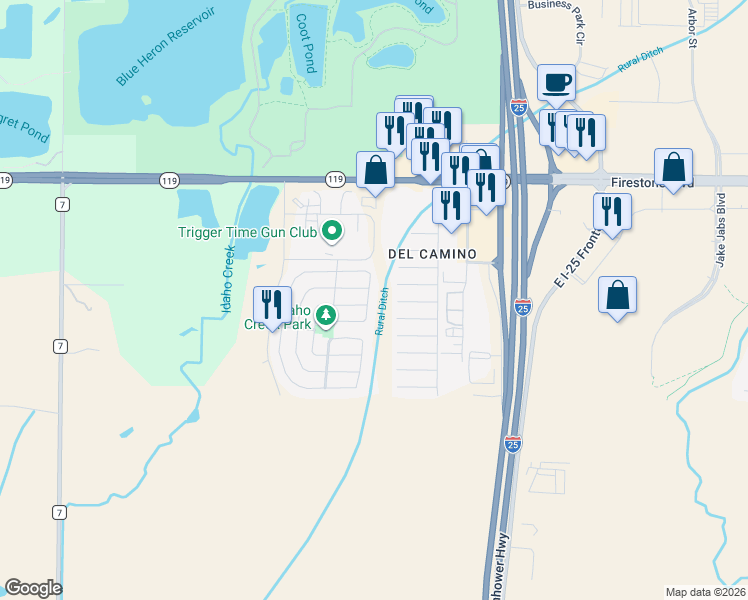 map of restaurants, bars, coffee shops, grocery stores, and more near 10694 Upper Ridge Road in Longmont