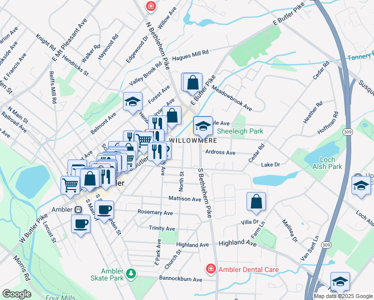 map of restaurants, bars, coffee shops, grocery stores, and more near 76 South Bethlehem Pike in Ambler