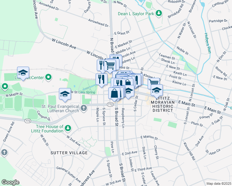 map of restaurants, bars, coffee shops, grocery stores, and more near 3 South Spruce Street in Lititz