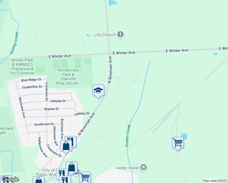 map of restaurants, bars, coffee shops, grocery stores, and more near 1931 North Bowman Avenue in Danville