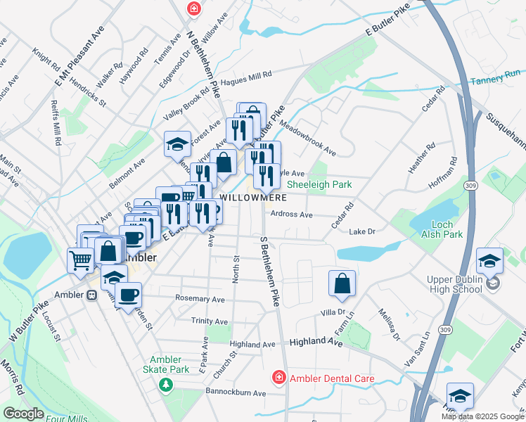 map of restaurants, bars, coffee shops, grocery stores, and more near 121 South Bethlehem Pike in Ambler
