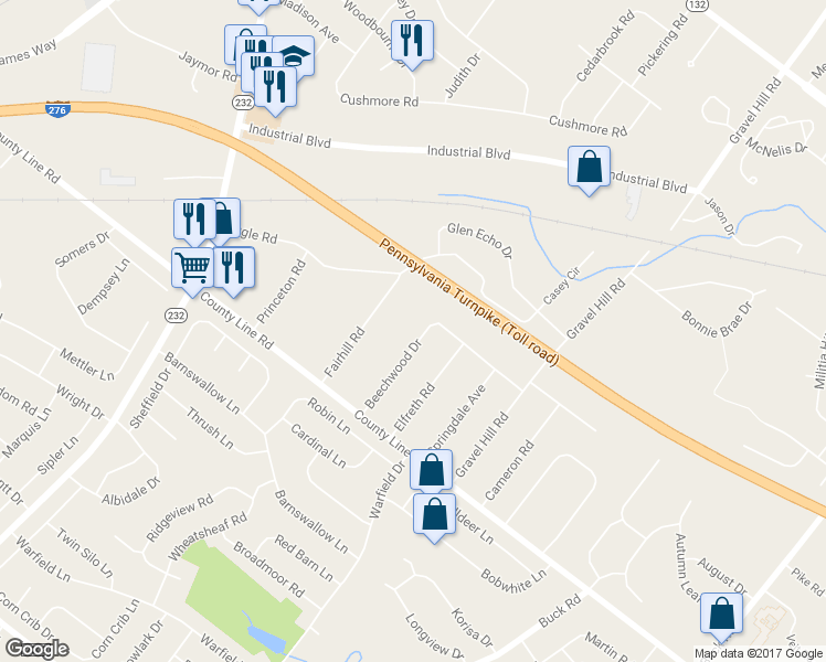 map of restaurants, bars, coffee shops, grocery stores, and more near 104 Beechwood Drive in Bucks County