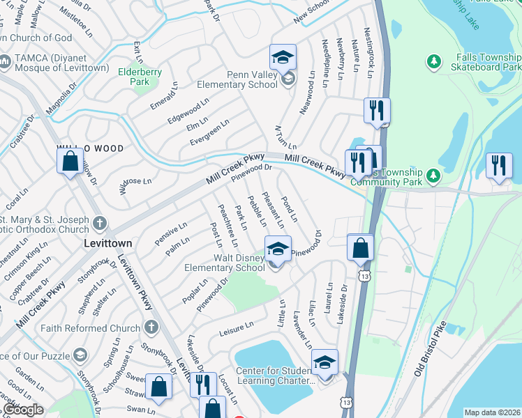 map of restaurants, bars, coffee shops, grocery stores, and more near 33 Pebble Lane in Levittown