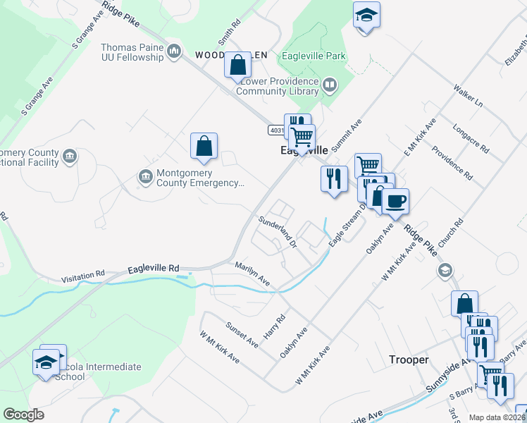 map of restaurants, bars, coffee shops, grocery stores, and more near 3001 Cardin Place in Eagleville
