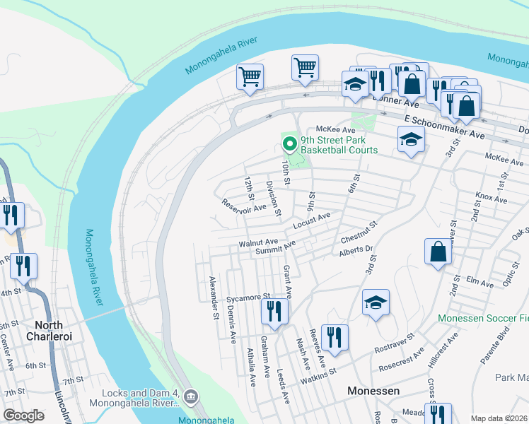 map of restaurants, bars, coffee shops, grocery stores, and more near 1128 Reservoir Avenue in Monessen