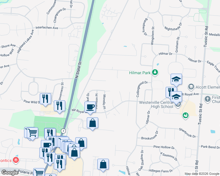 map of restaurants, bars, coffee shops, grocery stores, and more near 6608 Seckel Court in Westerville