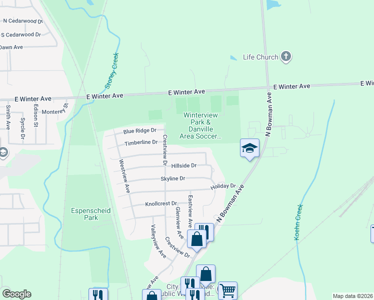 map of restaurants, bars, coffee shops, grocery stores, and more near 1000-1098 Sunset Ridge Drive in Danville