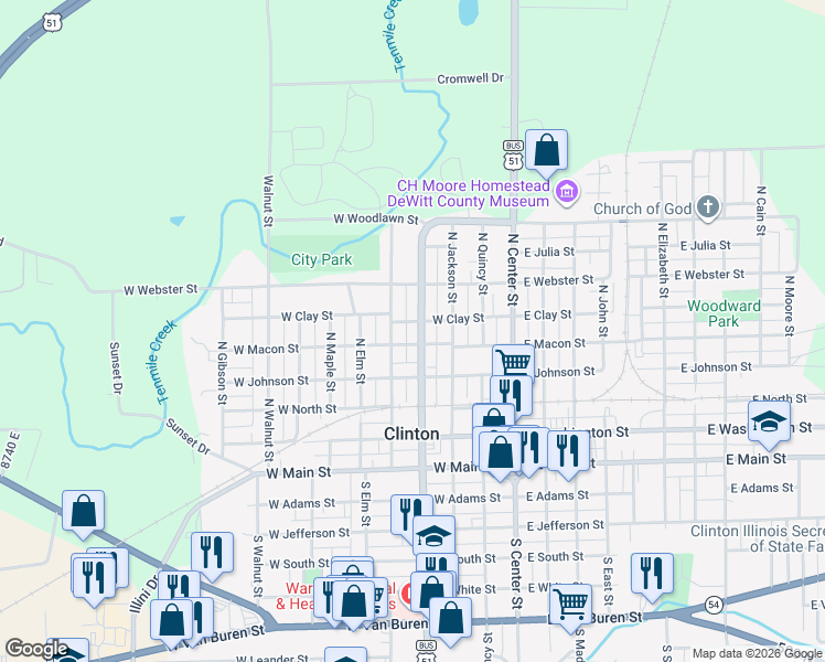 map of restaurants, bars, coffee shops, grocery stores, and more near 502 North Mulberry Street in Clinton