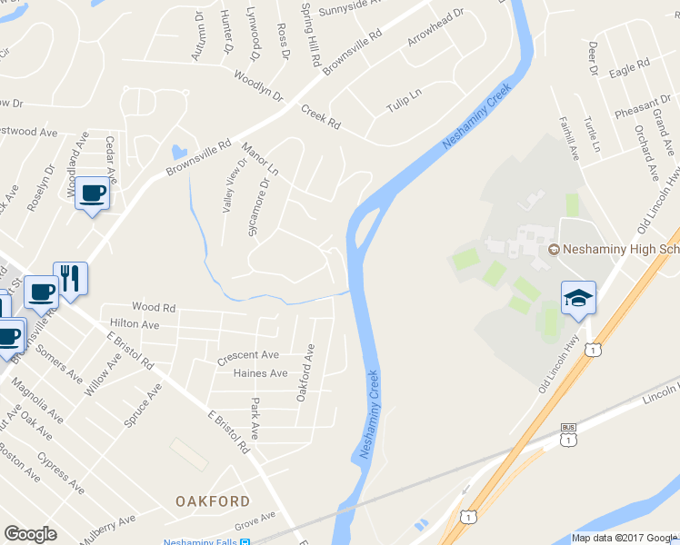 map of restaurants, bars, coffee shops, grocery stores, and more near 2224 Bent Road in Langhorne