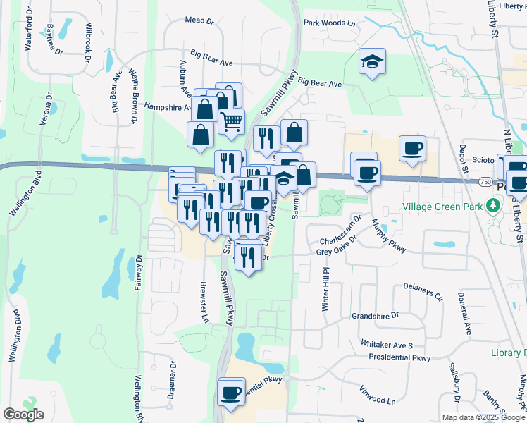 map of restaurants, bars, coffee shops, grocery stores, and more near 9733 Sawmill Parkway in Powell