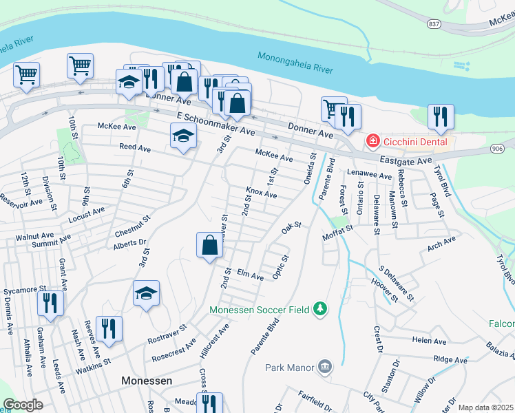 map of restaurants, bars, coffee shops, grocery stores, and more near 109 Linden Ave in Monessen