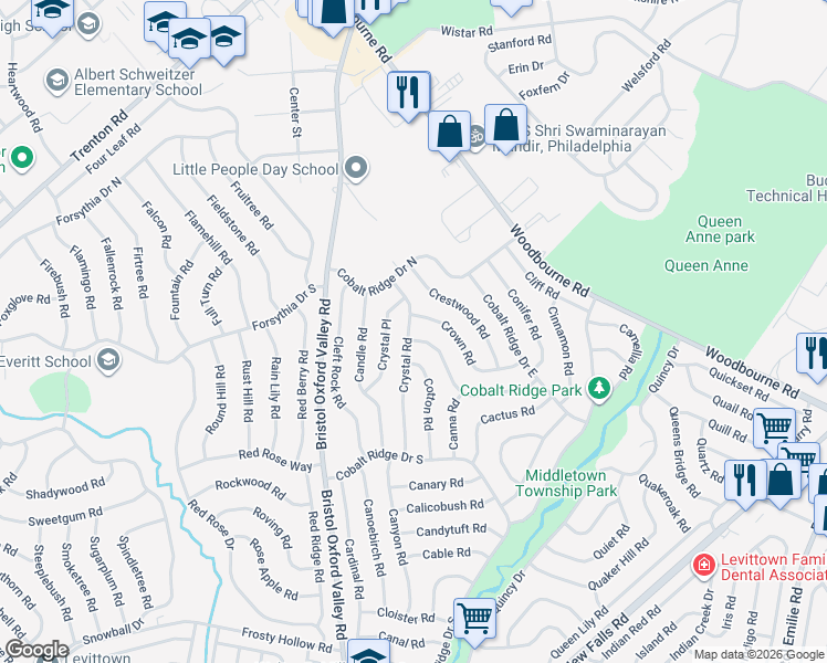 map of restaurants, bars, coffee shops, grocery stores, and more near 66 Crystal Road in Levittown