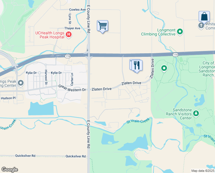 map of restaurants, bars, coffee shops, grocery stores, and more near 2051 Zlaten Drive in Longmont