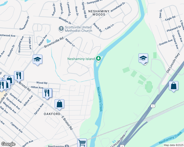 map of restaurants, bars, coffee shops, grocery stores, and more near 2224 Bent Road in Langhorne