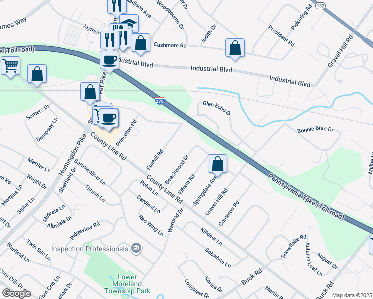 map of restaurants, bars, coffee shops, grocery stores, and more near 104 Beechwood Drive in Bucks County