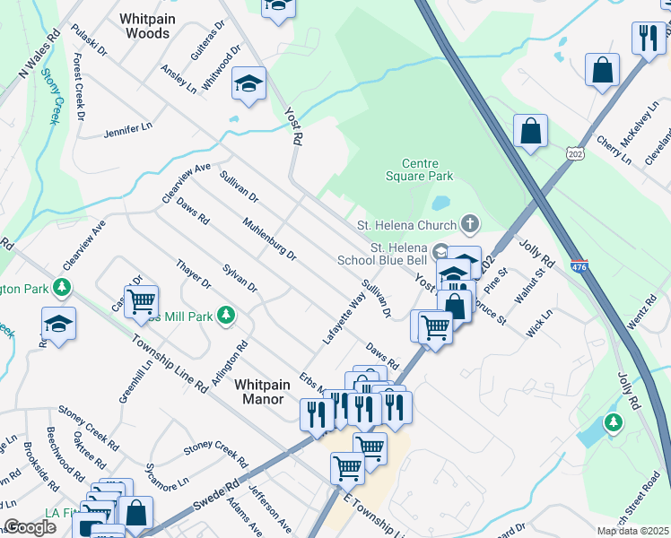 map of restaurants, bars, coffee shops, grocery stores, and more near 1534 Sullivan Drive in Blue Bell
