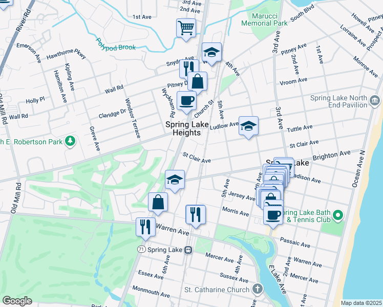 map of restaurants, bars, coffee shops, grocery stores, and more near 1721 Beverly Avenue in Spring Lake