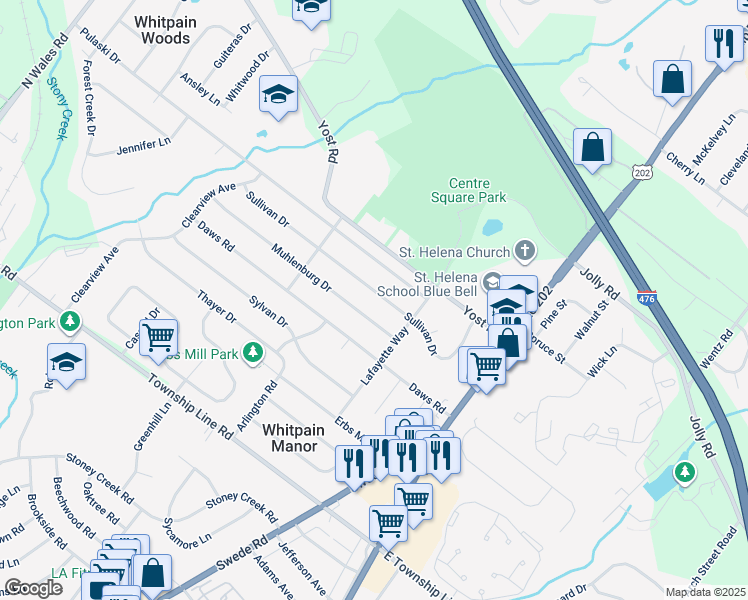 map of restaurants, bars, coffee shops, grocery stores, and more near 1534 Sullivan Drive in Blue Bell
