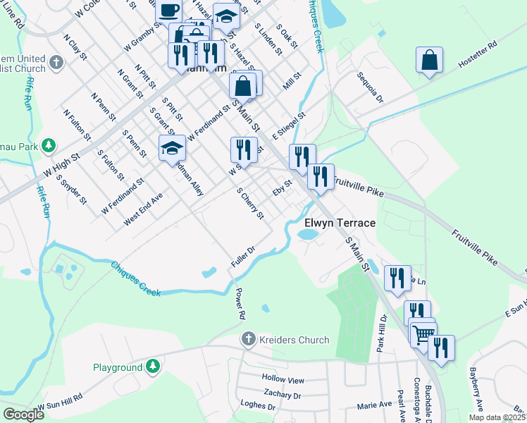 map of restaurants, bars, coffee shops, grocery stores, and more near 311 South Cherry Street in Manheim