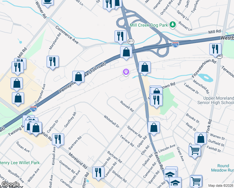 map of restaurants, bars, coffee shops, grocery stores, and more near 39 Russell Rd in Willow Grove