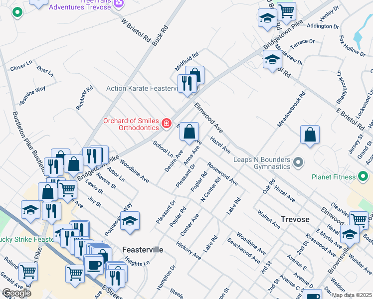 map of restaurants, bars, coffee shops, grocery stores, and more near 1631 Desire Avenue in Feasterville