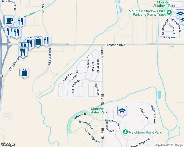 map of restaurants, bars, coffee shops, grocery stores, and more near 10726 Baily Street in Longmont
