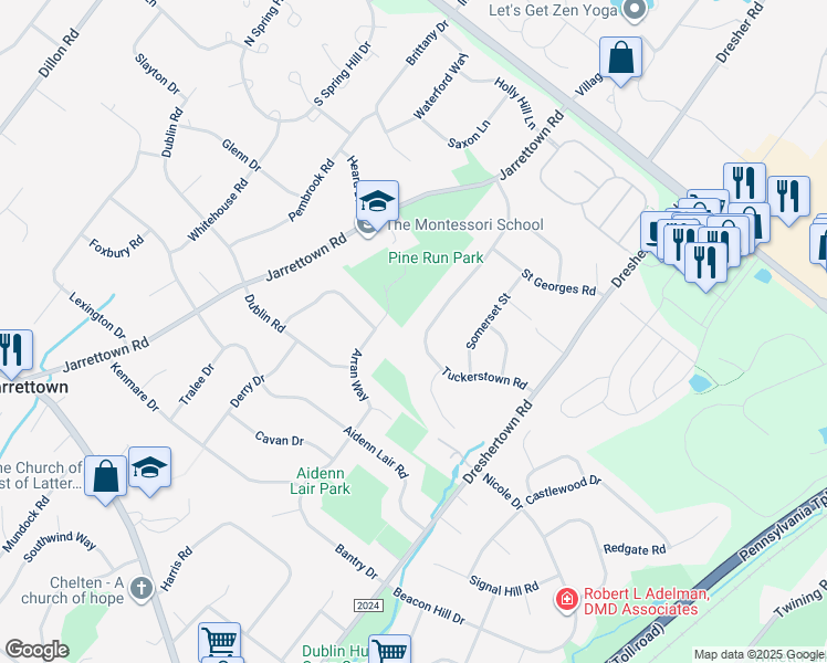 map of restaurants, bars, coffee shops, grocery stores, and more near 1657 Tuckerstown Road in Dresher