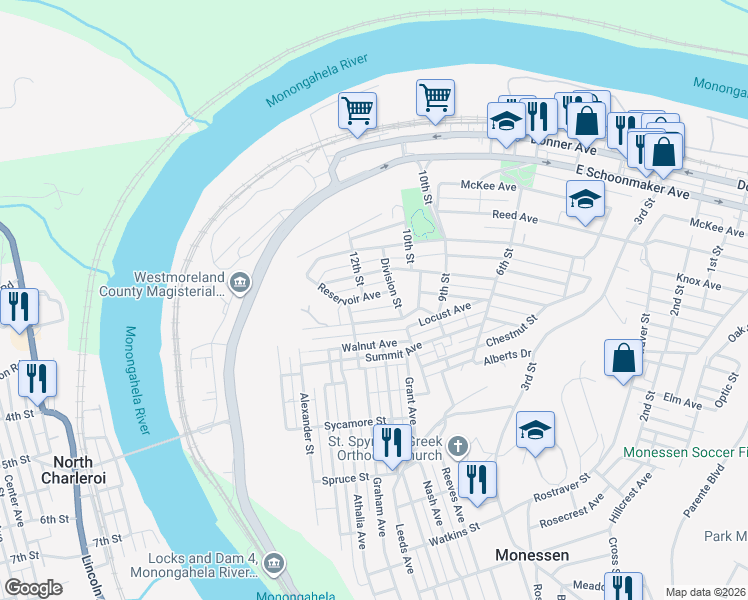 map of restaurants, bars, coffee shops, grocery stores, and more near 1128 Reservoir Avenue in Monessen