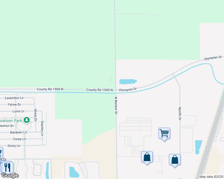 map of restaurants, bars, coffee shops, grocery stores, and more near West Olympian Drive in Champaign