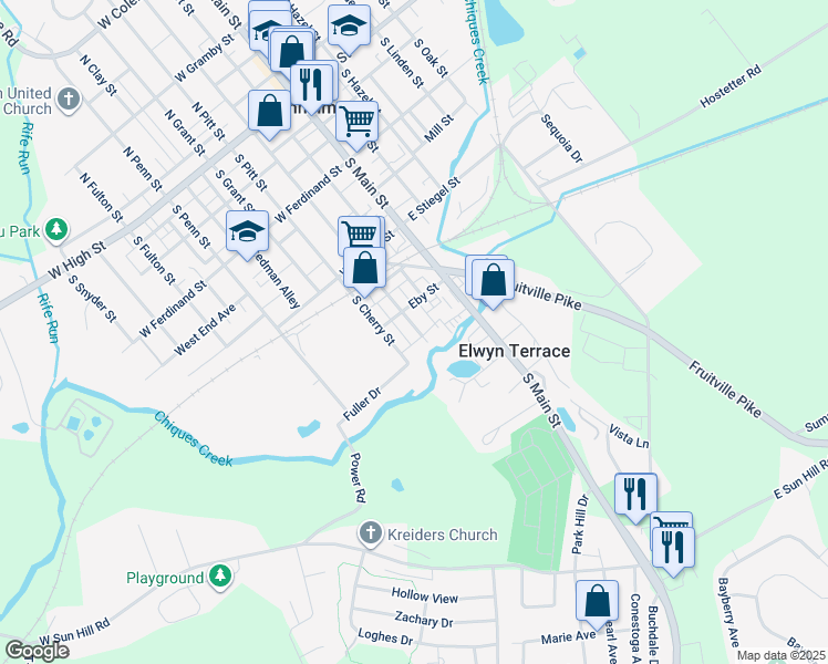 map of restaurants, bars, coffee shops, grocery stores, and more near 330 South Charlotte Street in Manheim