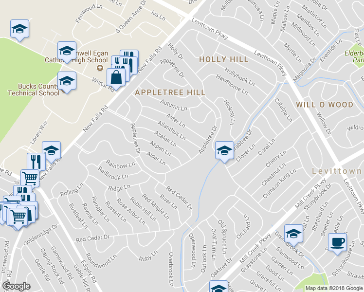 map of restaurants, bars, coffee shops, grocery stores, and more near 18 Azalea Lane in Levittown