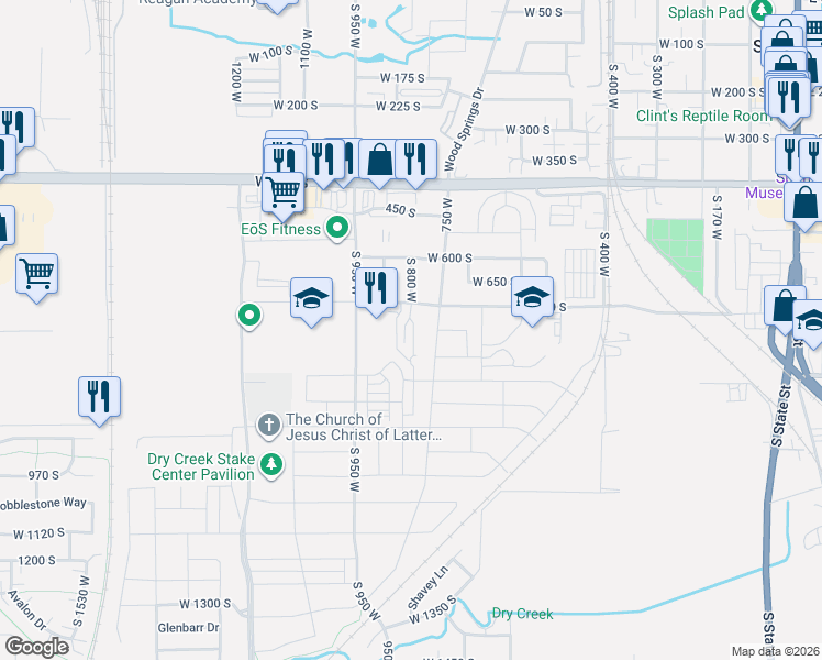 map of restaurants, bars, coffee shops, grocery stores, and more near South Harrison Drive in Springville
