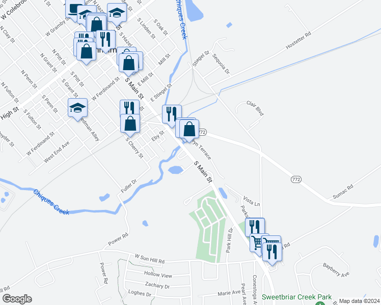 map of restaurants, bars, coffee shops, grocery stores, and more near 355 South Main Street in Manheim