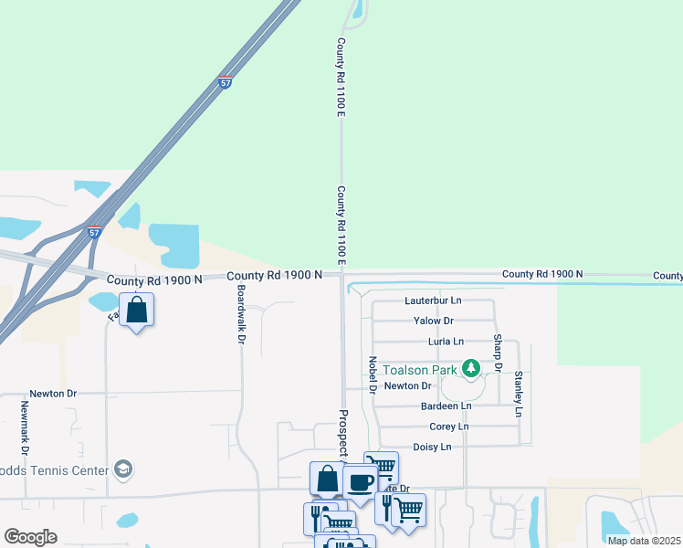 map of restaurants, bars, coffee shops, grocery stores, and more near County Road 1900 North in Champaign
