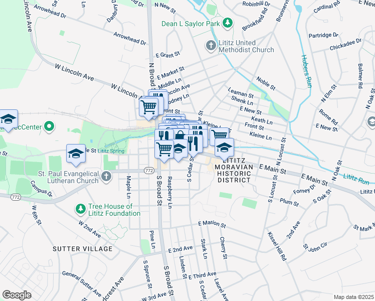 map of restaurants, bars, coffee shops, grocery stores, and more near 74 East Main Street in Lititz