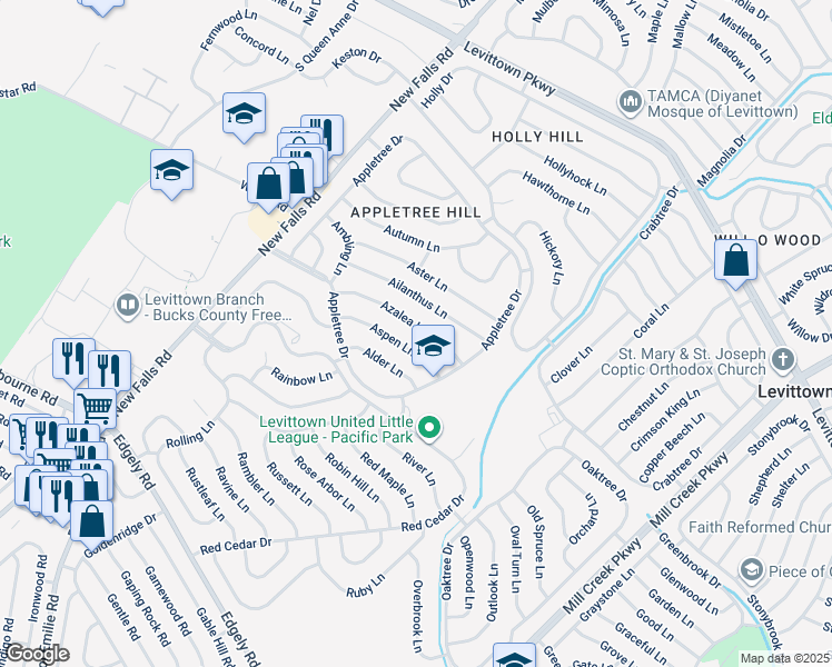 map of restaurants, bars, coffee shops, grocery stores, and more near 29 Azalea Lane in Levittown