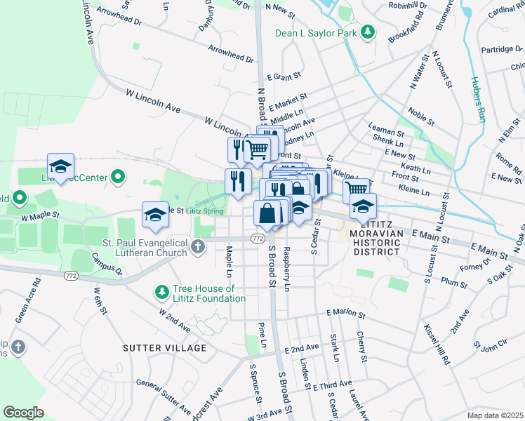 map of restaurants, bars, coffee shops, grocery stores, and more near 3 South Spruce Street in Lititz
