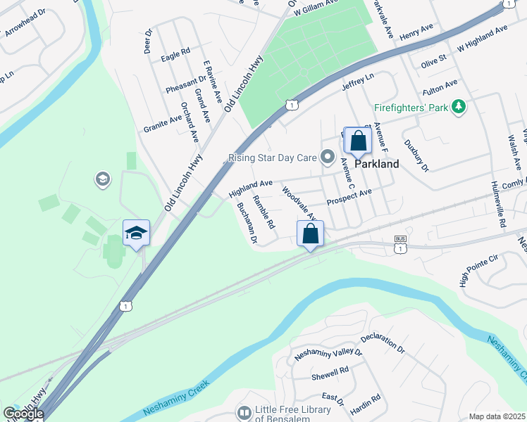map of restaurants, bars, coffee shops, grocery stores, and more near 3232 Prospect Avenue in Langhorne
