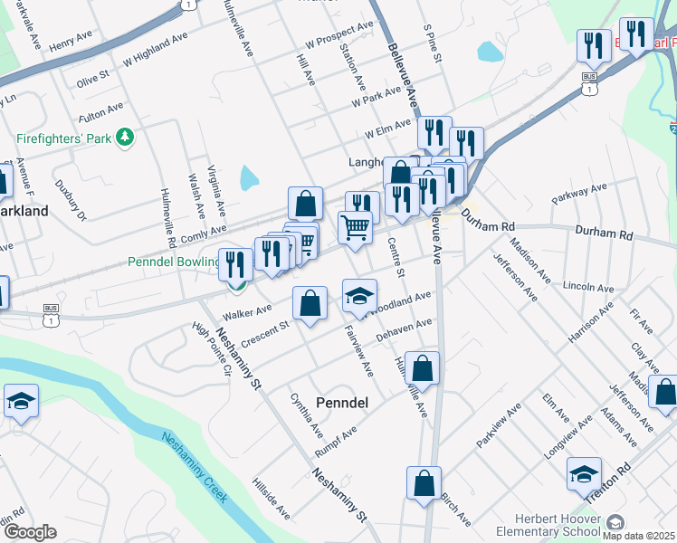 map of restaurants, bars, coffee shops, grocery stores, and more near 218 Hulmeville Avenue in Penndel