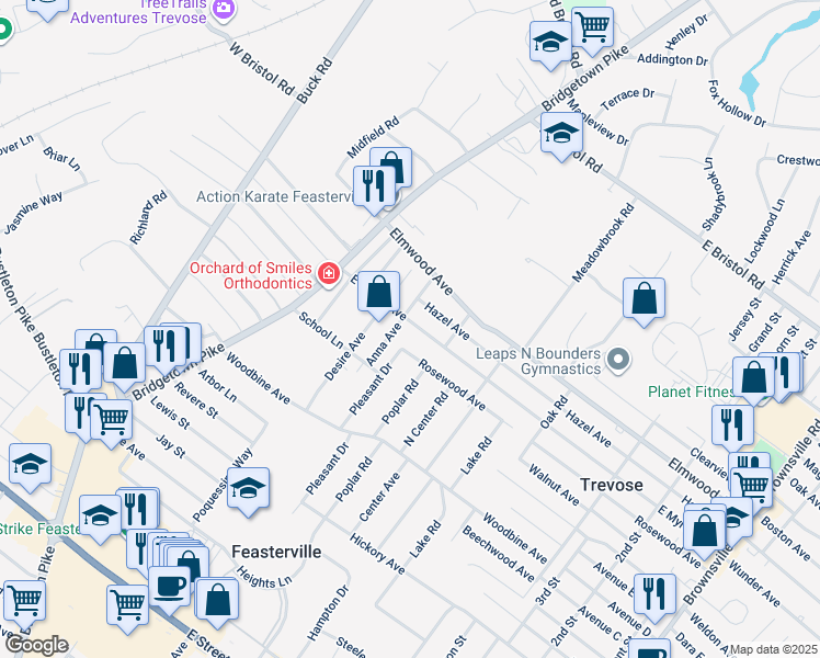 map of restaurants, bars, coffee shops, grocery stores, and more near 135 East Myrtle Avenue in Feasterville-Trevose