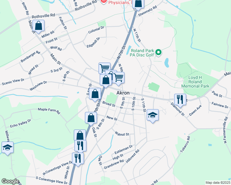 map of restaurants, bars, coffee shops, grocery stores, and more near 800 Main Street in Akron