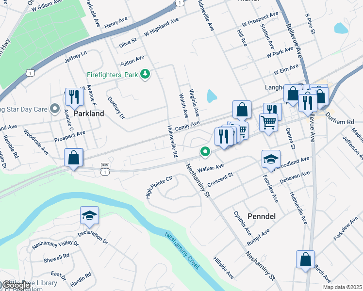 map of restaurants, bars, coffee shops, grocery stores, and more near 687 Sparrow Lane in Langhorne