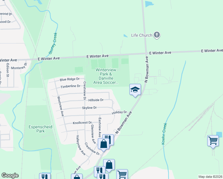 map of restaurants, bars, coffee shops, grocery stores, and more near 1023 Sunset Ridge Drive in Danville