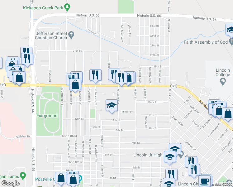 map of restaurants, bars, coffee shops, grocery stores, and more near 511 North College Street in Lincoln